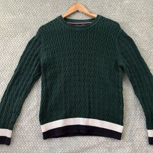 Tommy Hilfiger Cable-Knit Pullover Sweater Green White Navy Cotton XL